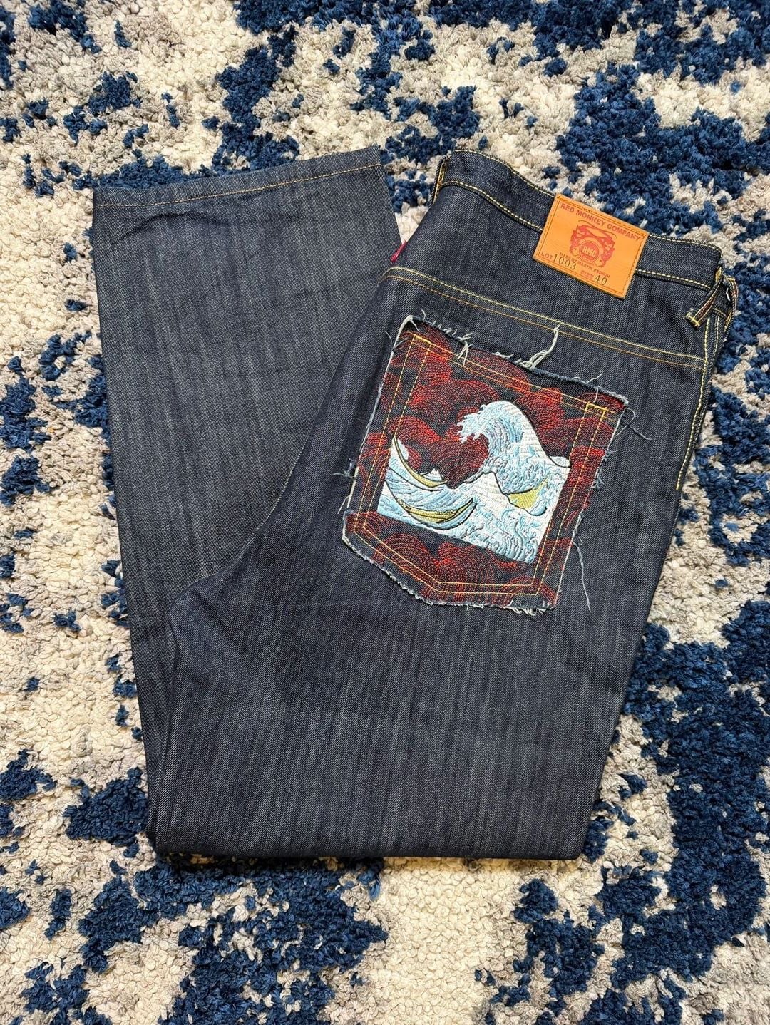Red Monkey Company Martin Ksohoh Tsunami Wave Embroidered Jeans Size 40